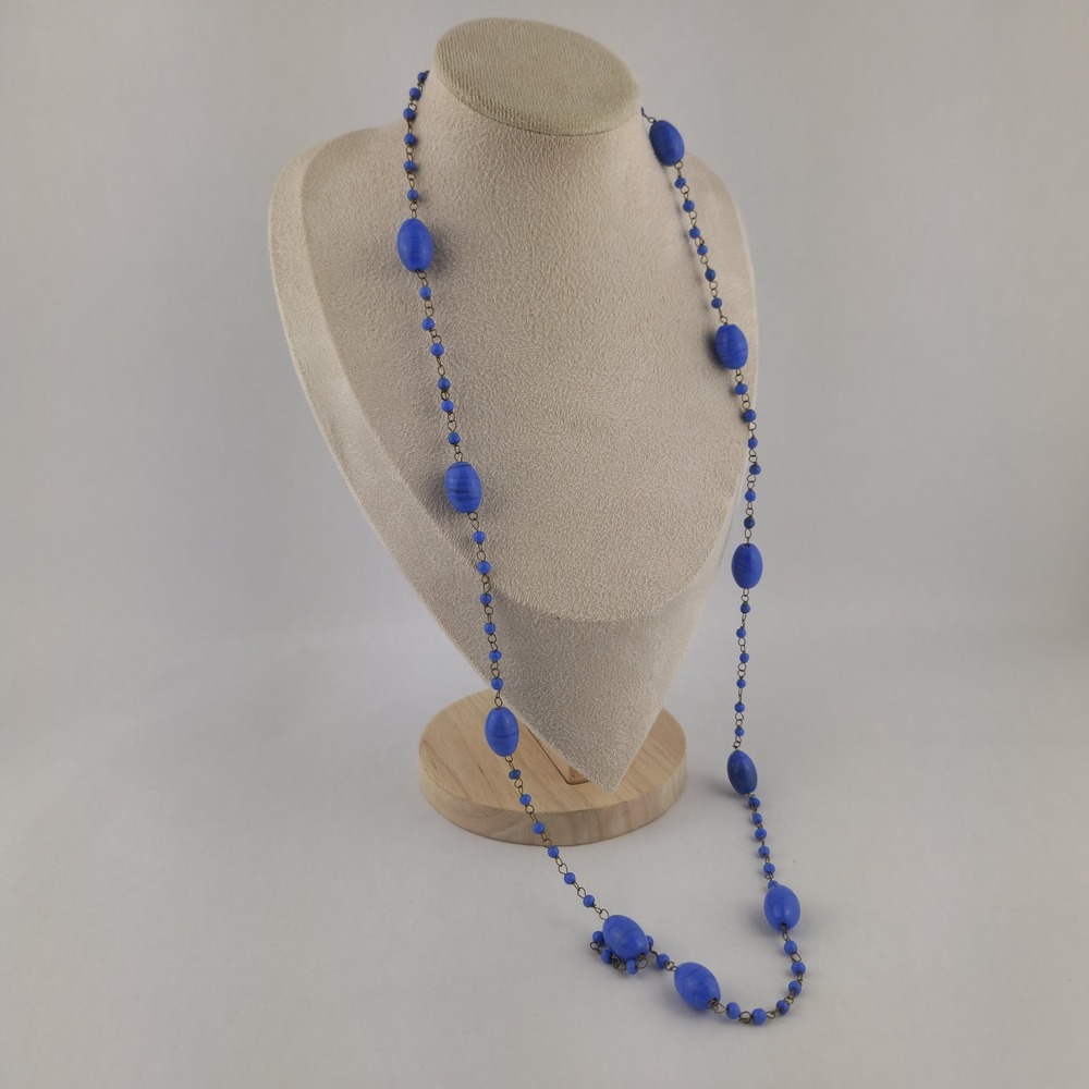 Antique Blue Swirl Glass Flapper Chain Necklace Hand Wired - Picture 9 of 11
